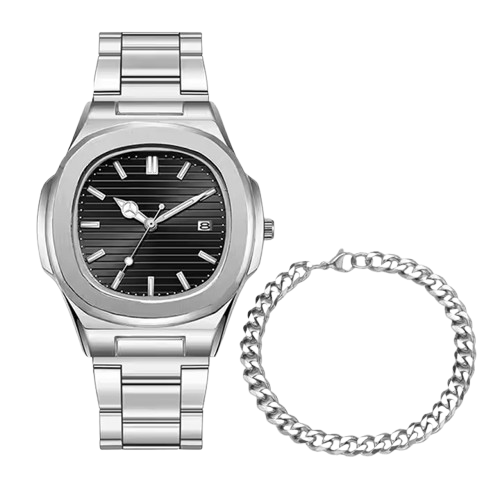 Zayyan Men Steel Watch & Bracelet Set – Black & Silver