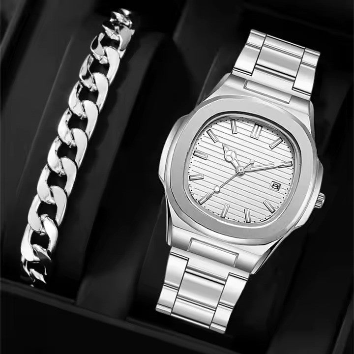 Zayyan Men Steel Watch & Bracelet Set – Black & Silver
