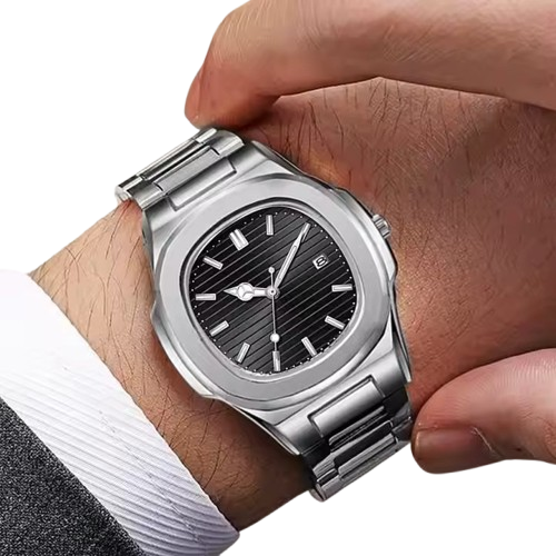 Zayyan Men Steel Watch & Bracelet Set – Black & Silver