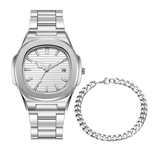 Zayyan Men Steel Watch & Bracelet Set – Black & Silver