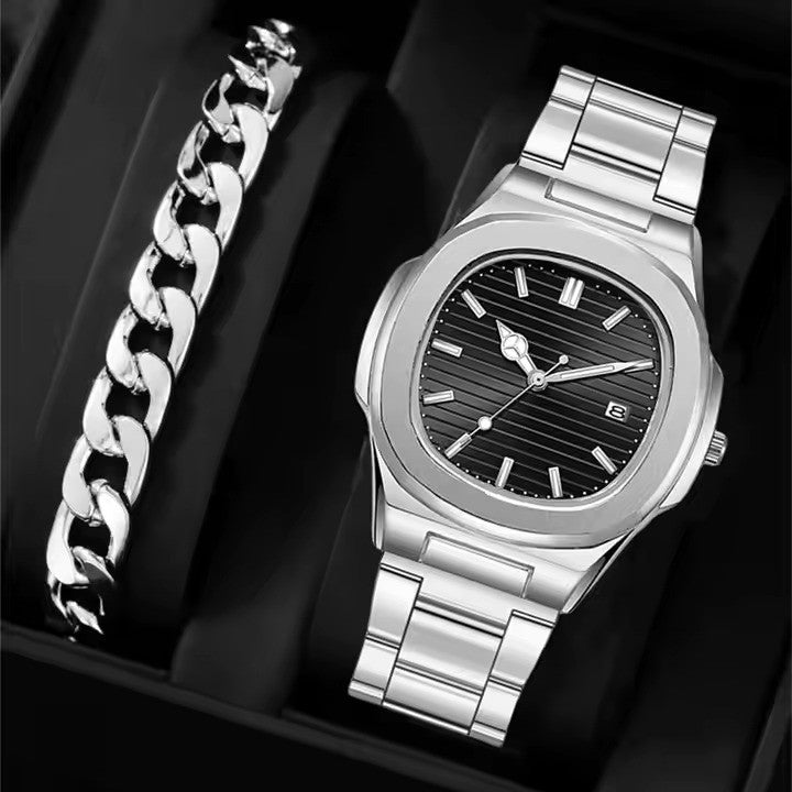 Zayyan Men Steel Watch & Bracelet Set – Black & Silver
